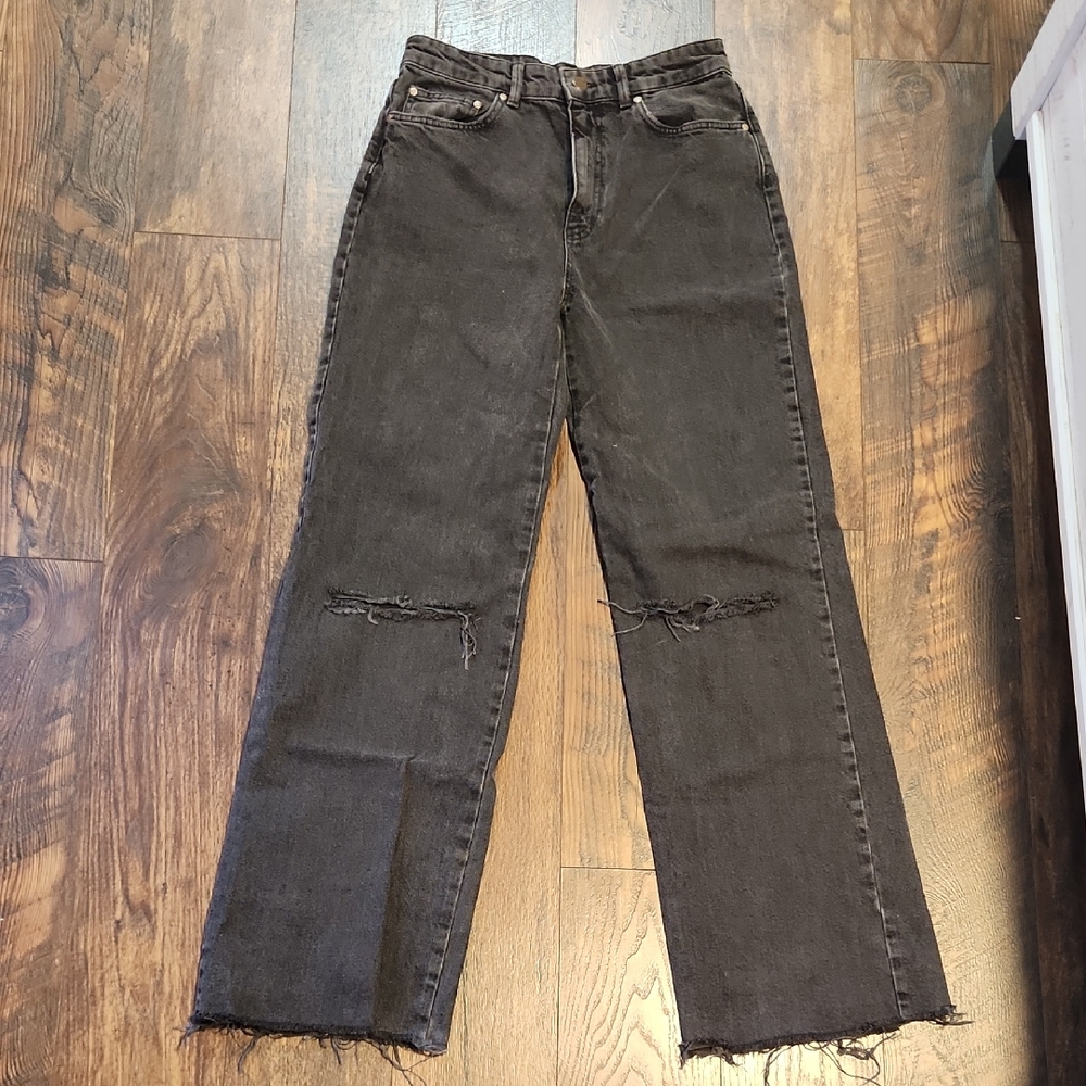 stradivarius Black Straight Leg Jeans with Knee Rips